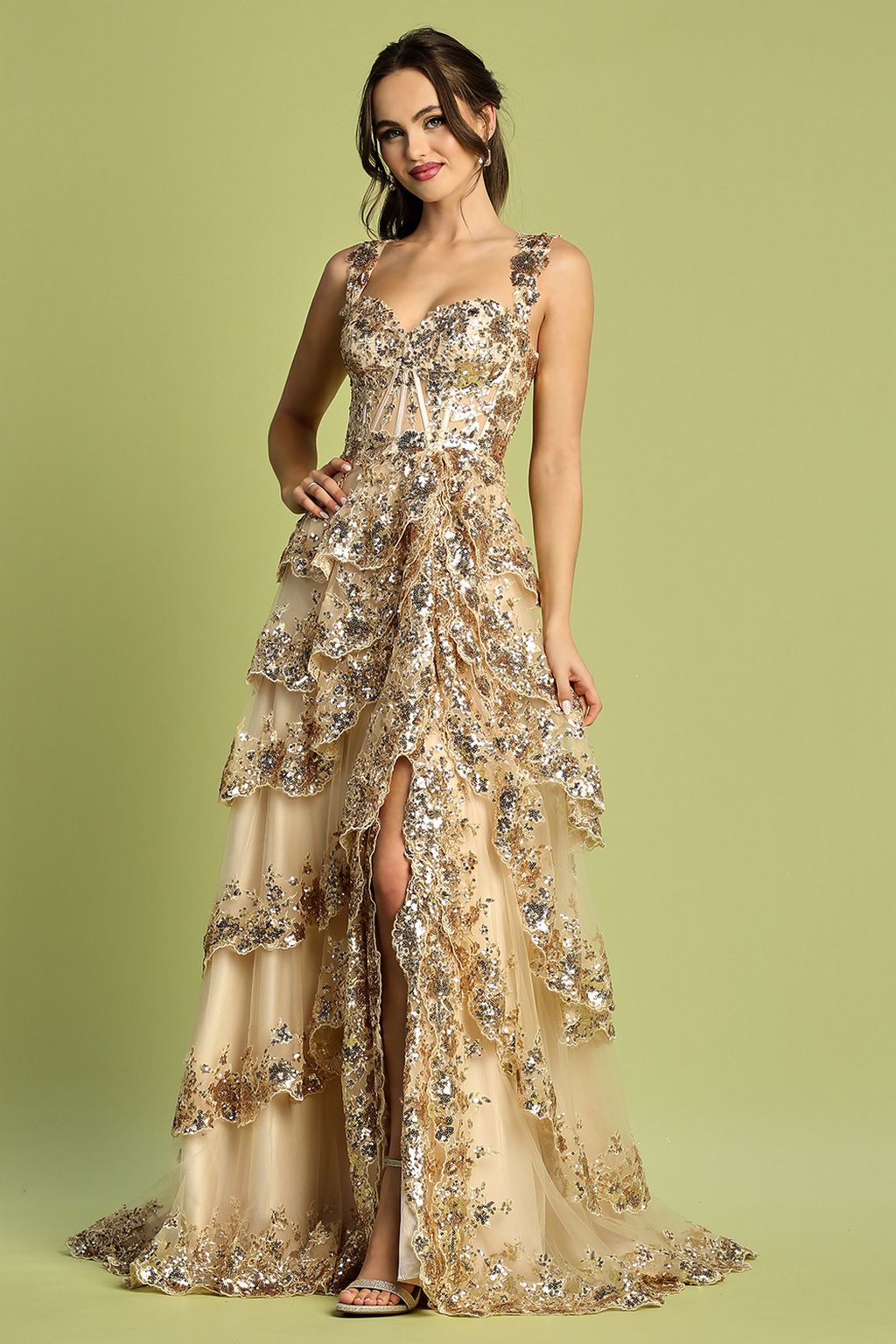 Prom Dresses Long Formal Sequin Applique Tiered A Line Prom Dress Champagne