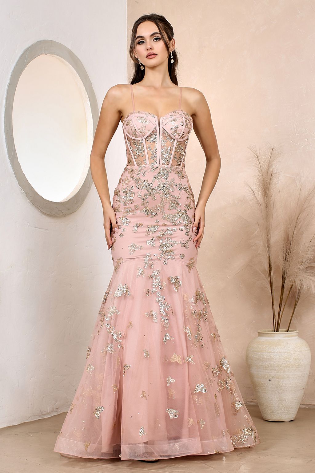 Rose Gold Glitter Evening Dress Dylan Davids Fitted Corset Long Formal Prom  Dress  Urbanheer
