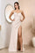 Prom Dresses Long Fitted Formal Beaded Applique Slit Prom Dress Champagne