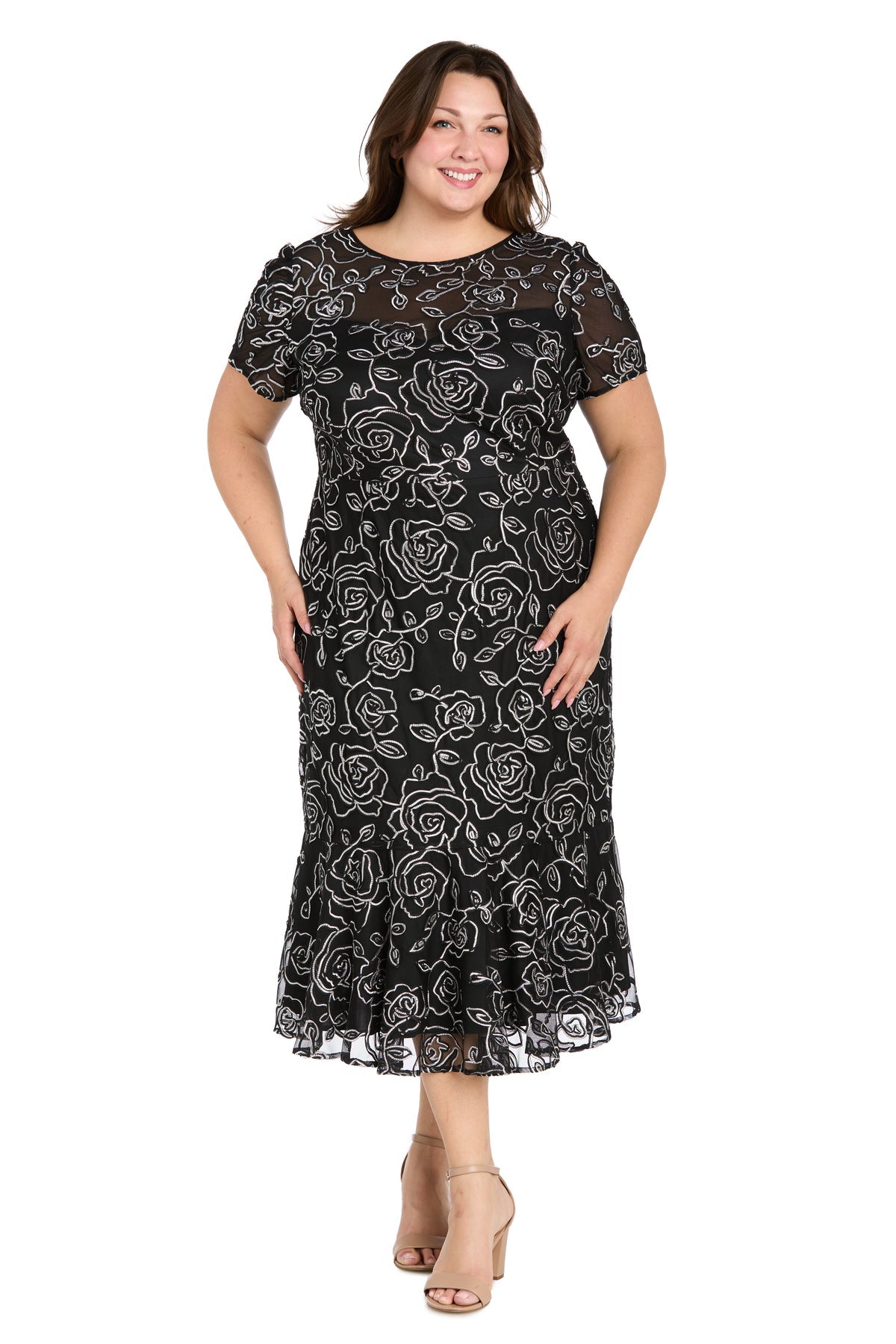 R&M Richards 3188W Short Plus Size Floral Midi Cocktail Dress
