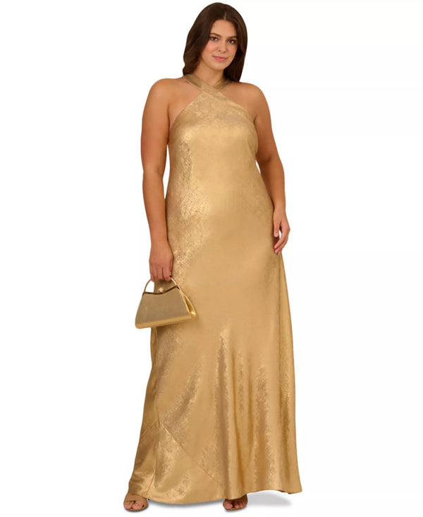 Adrianna Papell ADAE211409 Halter Floor-Length Jacquard Formal Metallic Gown