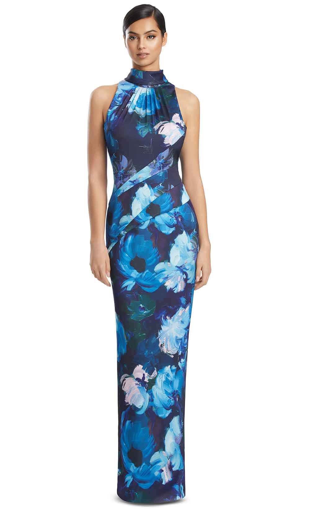 High Neck Sleeveless Floral Print Gown by Alexander by Daymor 3201S26 in Navy/Multi