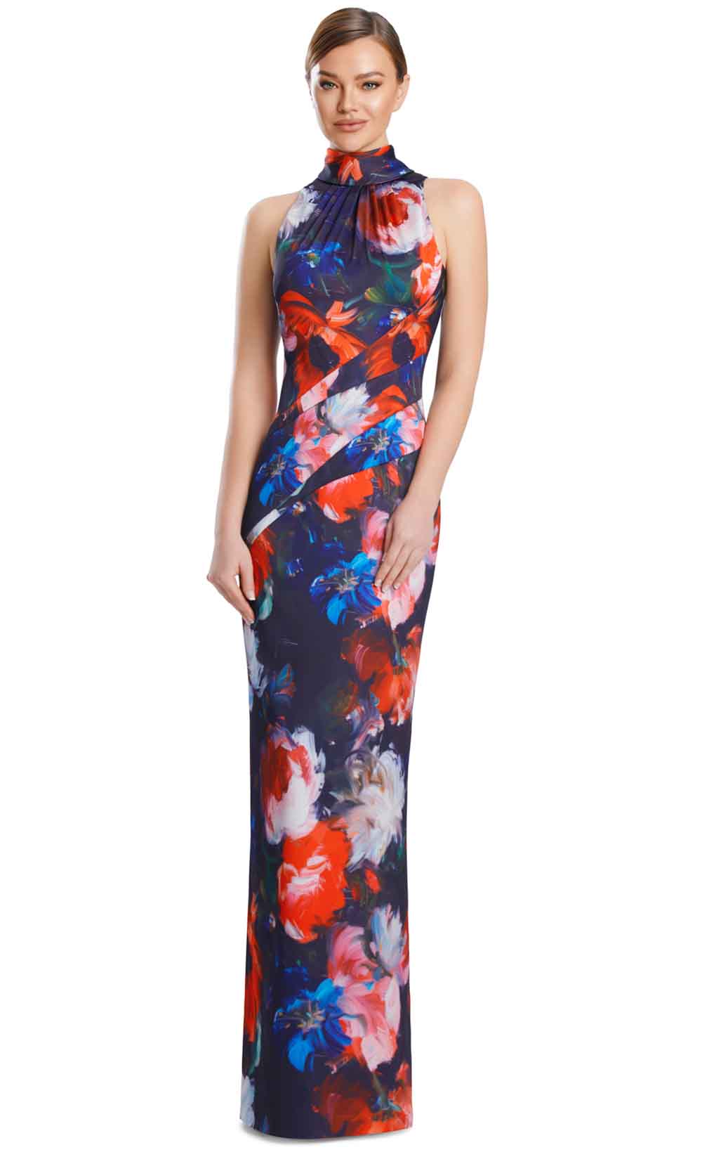 High Neck Sleeveless Floral Print Gown by Alexander by Daymor 3201S26 in Red/Multi