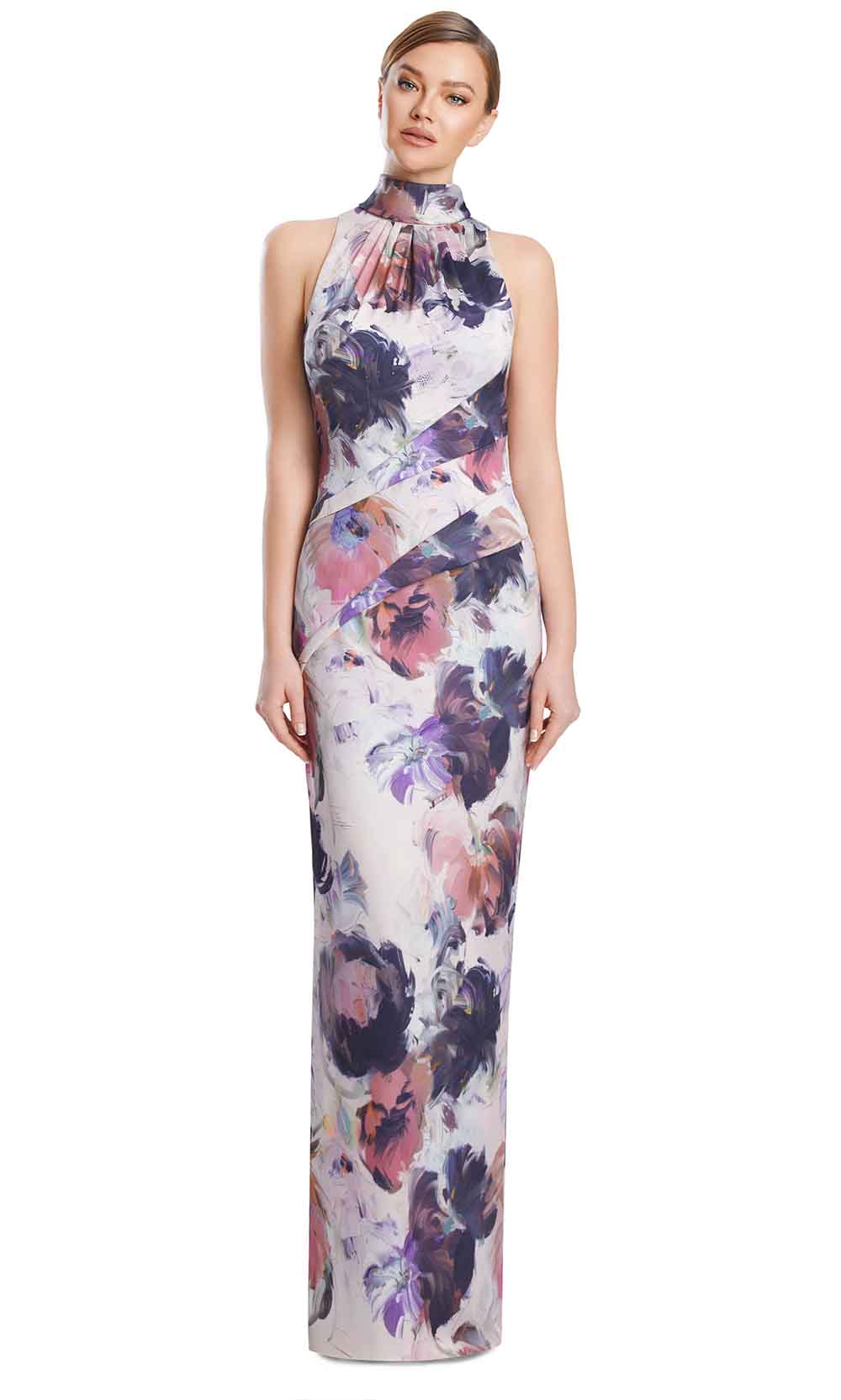 High Neck Sleeveless Floral Print Gown by Alexander by Daymor 3201S26 in Almond/Multi