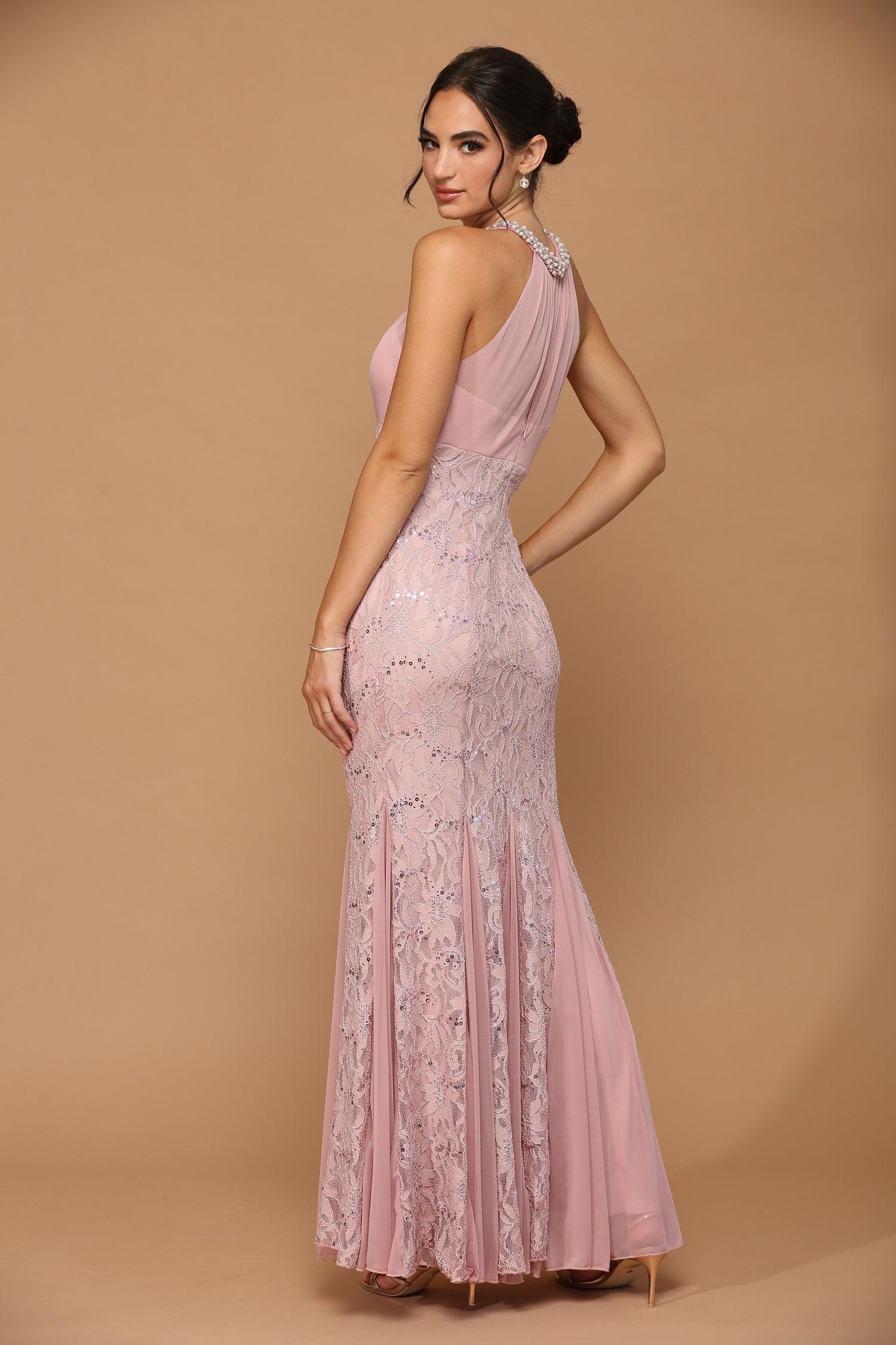 Black Long Fitted Formal Halter Lace Chiffon Dress