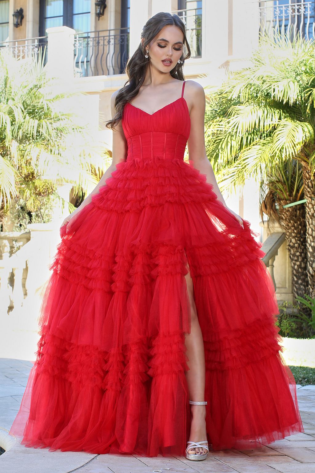 Adora Design 3202 Spaghetti Strap Layered Ruffle Slit Prom Gown | Formal Dress Shops Red / M Adora Design 3202 Spaghetti Strap Layered Ruffle Slit Prom Gown | Formal Dress Shops Red / M