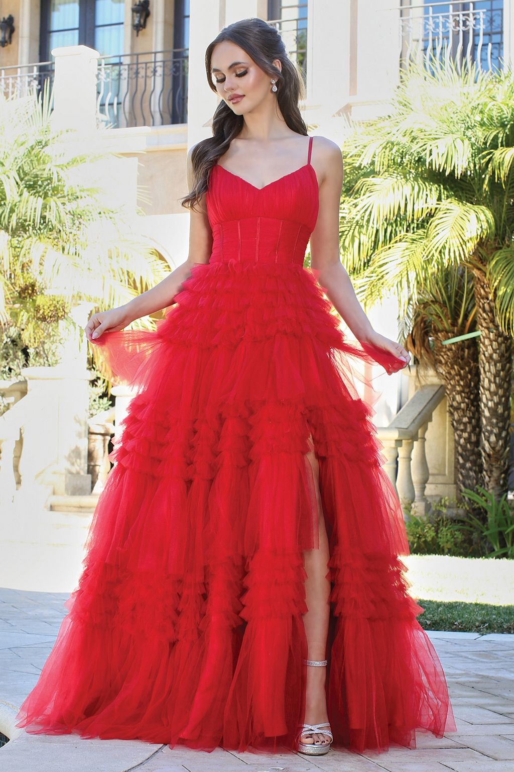 Red Ruffle Prom Dress Red Adora 3202 Long Formal Layered Ruffle Prom Dress for $219.99 – The ...