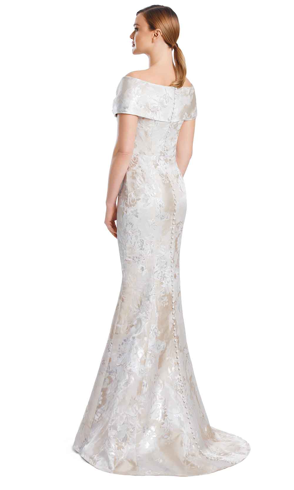 Off-Shoulder Floor-Length Floral Jacquard Formal Gown by Alexander by Daymor 3203S26 in Champagne/Silver Multi
