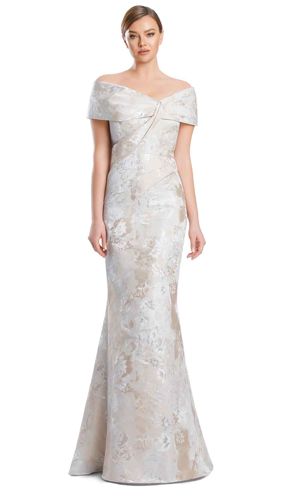Off-Shoulder Floor-Length Floral Jacquard Formal Gown by Alexander by Daymor 3203S26 in Champagne/Silver Multi