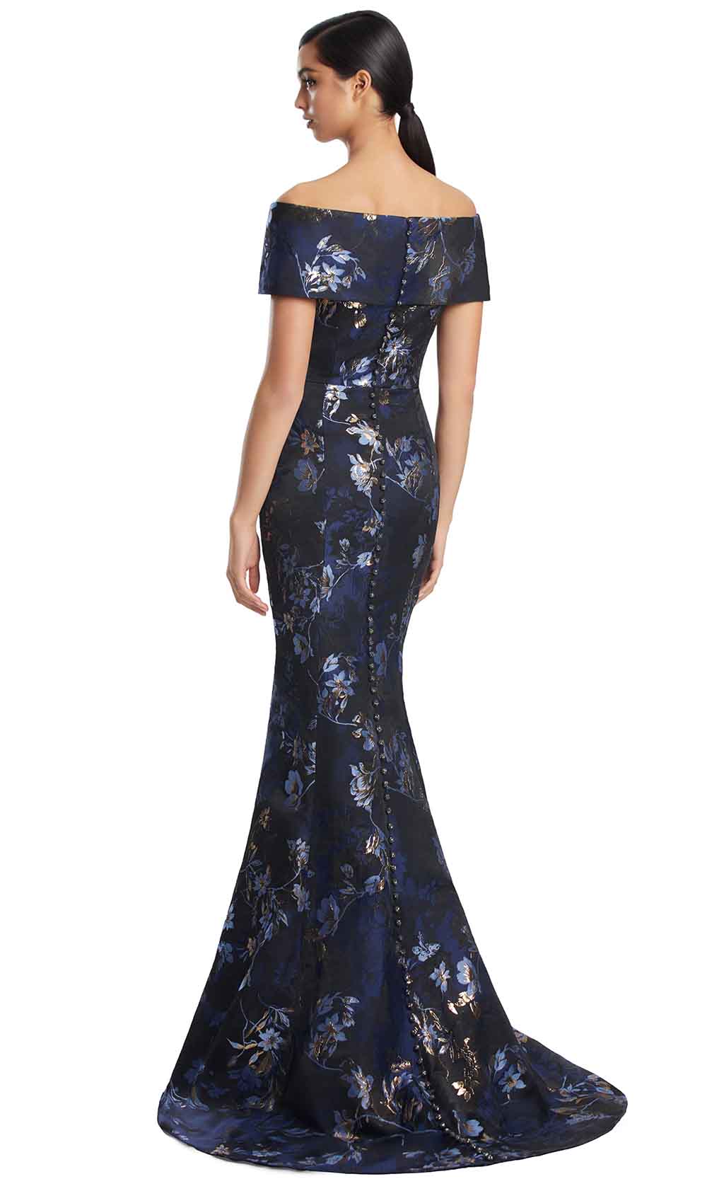 Off-Shoulder Floor-Length Floral Jacquard Formal Gown by Alexander by Daymor 3203S26 in Navy/Gold Multi