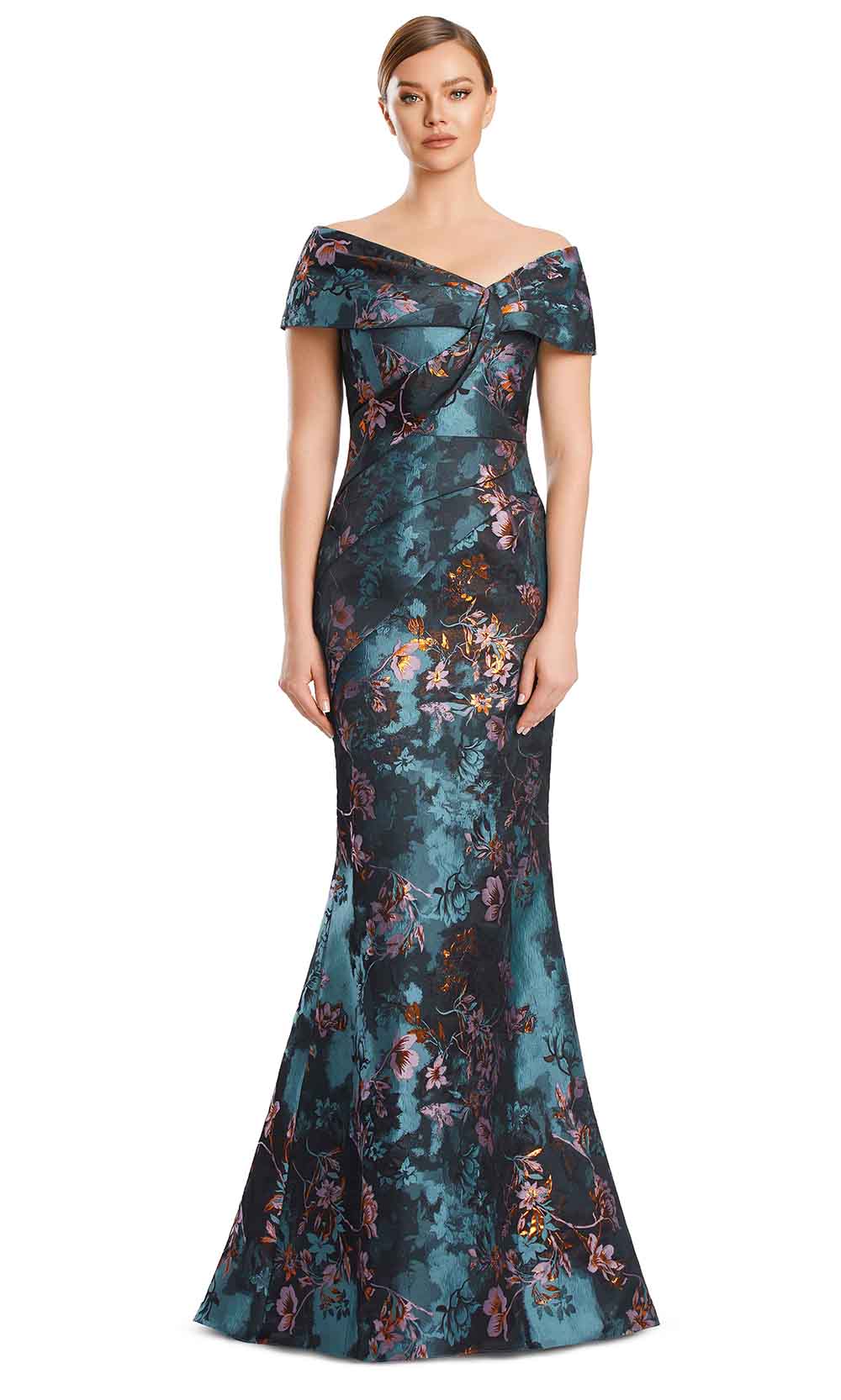 Off-Shoulder Floor-Length Floral Jacquard Formal Gown by Alexander by Daymor 3203S26 in Tealforest/Cooper Multi
