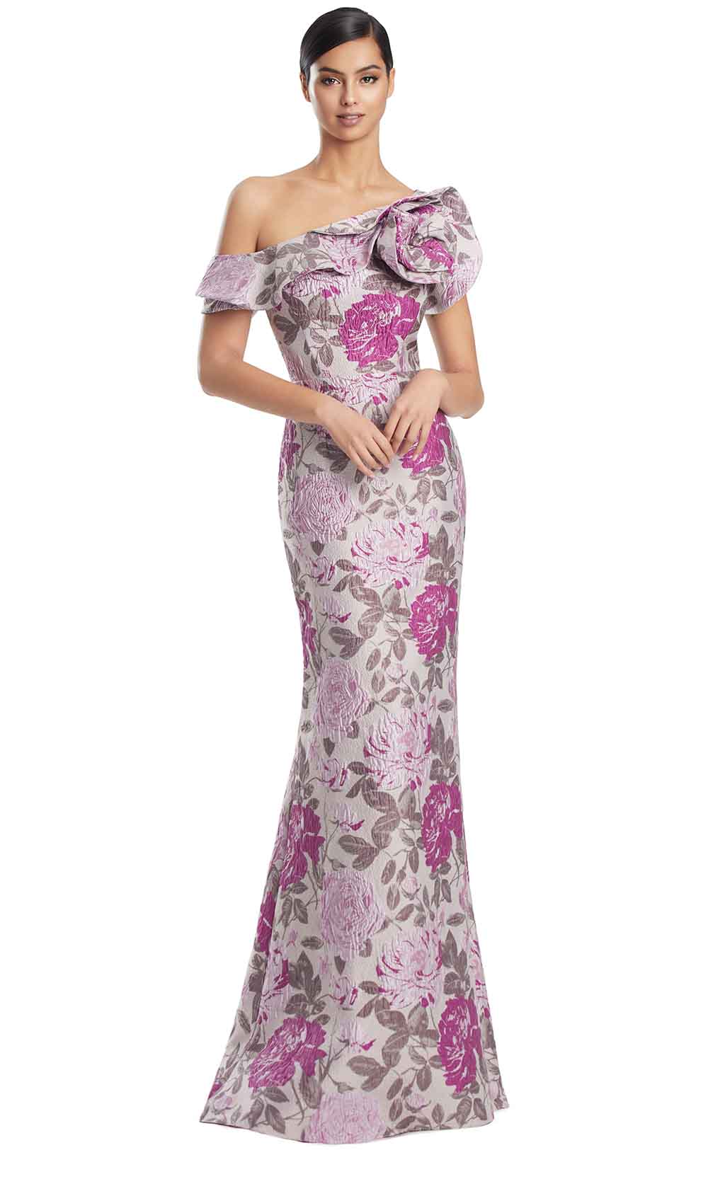 Off-Shoulder Floor-Length Floral Jacquard Gown by Alexander by Daymor 3205S26 in Dahlia/Multi
