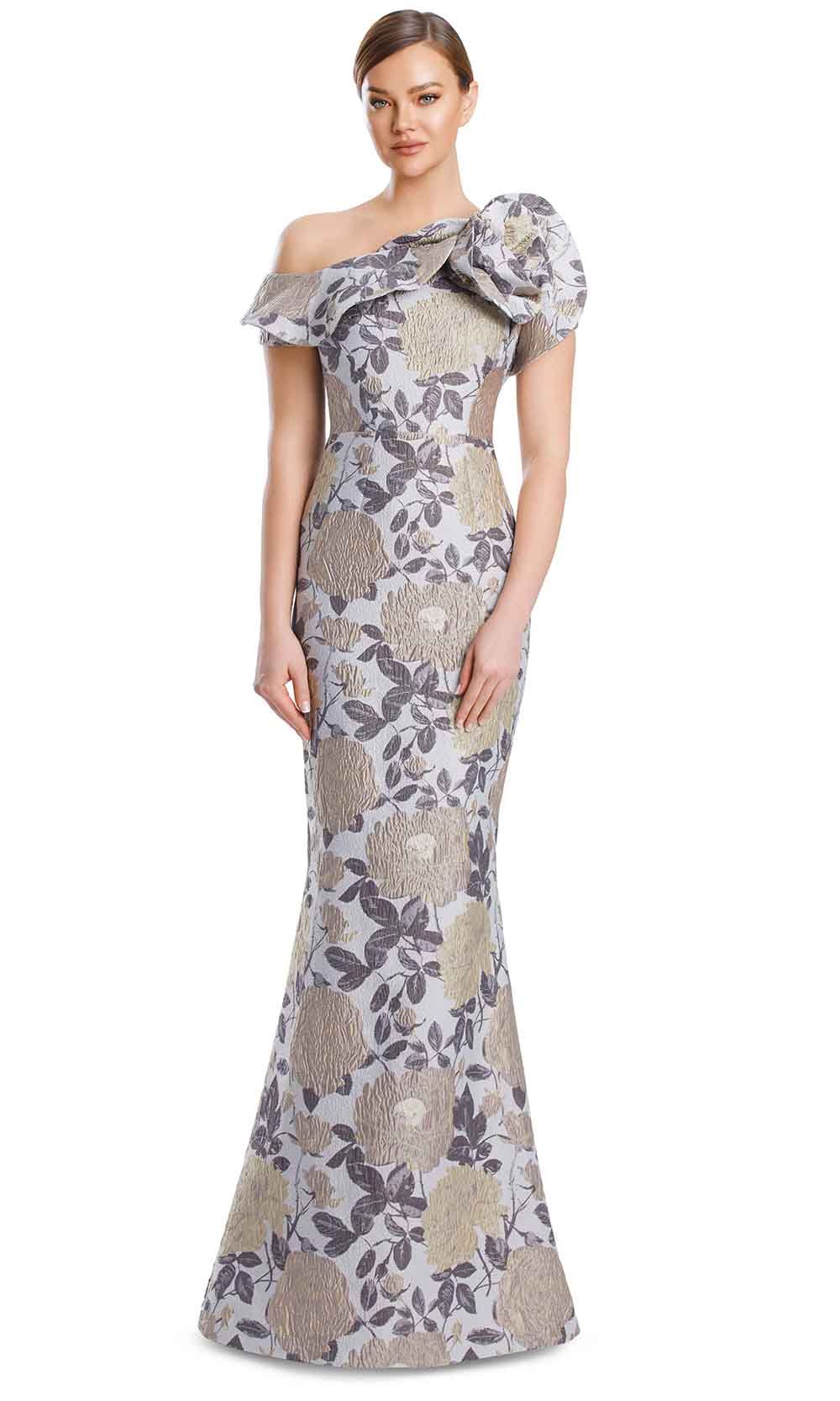 Off-Shoulder Floor-Length Floral Jacquard Gown by Alexander by Daymor 3205S26 in Taupe/Multi