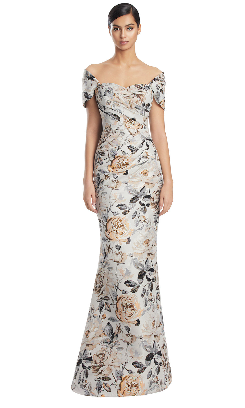 Off-Shoulder Long Floral Jacquard Gown by Alexander by Daymor 3206S26 in Almond/Multi