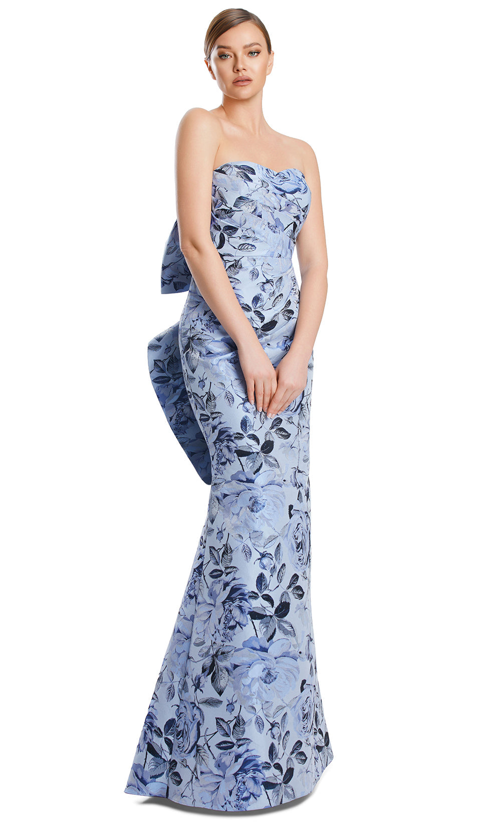 Off-Shoulder Long Floral Jacquard Gown by Alexander by Daymor 3206S26 in Ice Blue/Multi