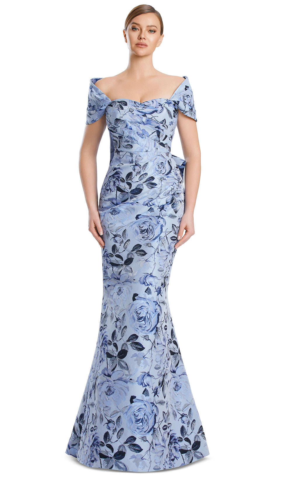 Off-Shoulder Long Floral Jacquard Gown by Alexander by Daymor 3206S26 in Ice Blue/Multi