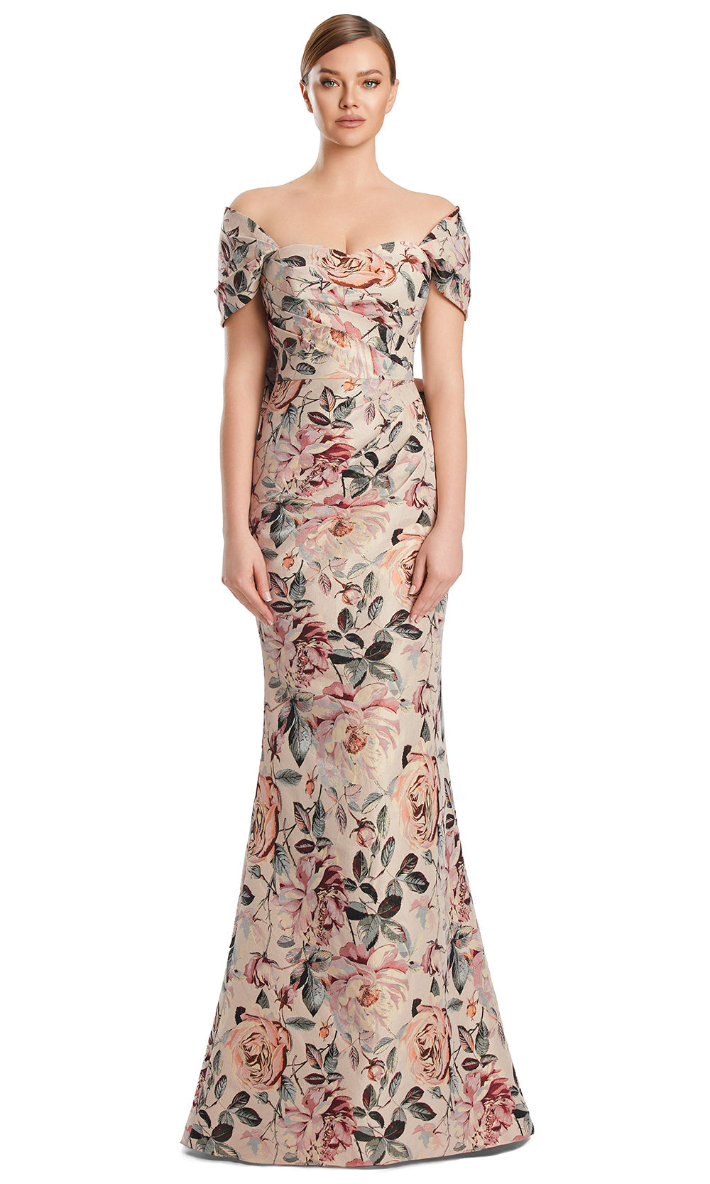 Off-Shoulder Long Floral Jacquard Gown by Alexander by Daymor 3206S26 in Peach/Multi