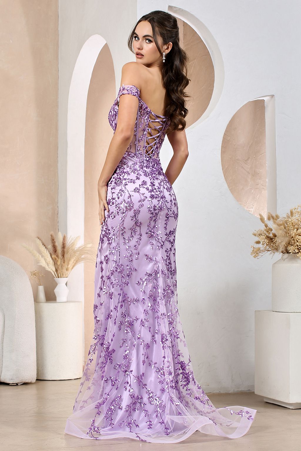 Adora 3206 Long Glitter Print Slit Formal Prom Dress