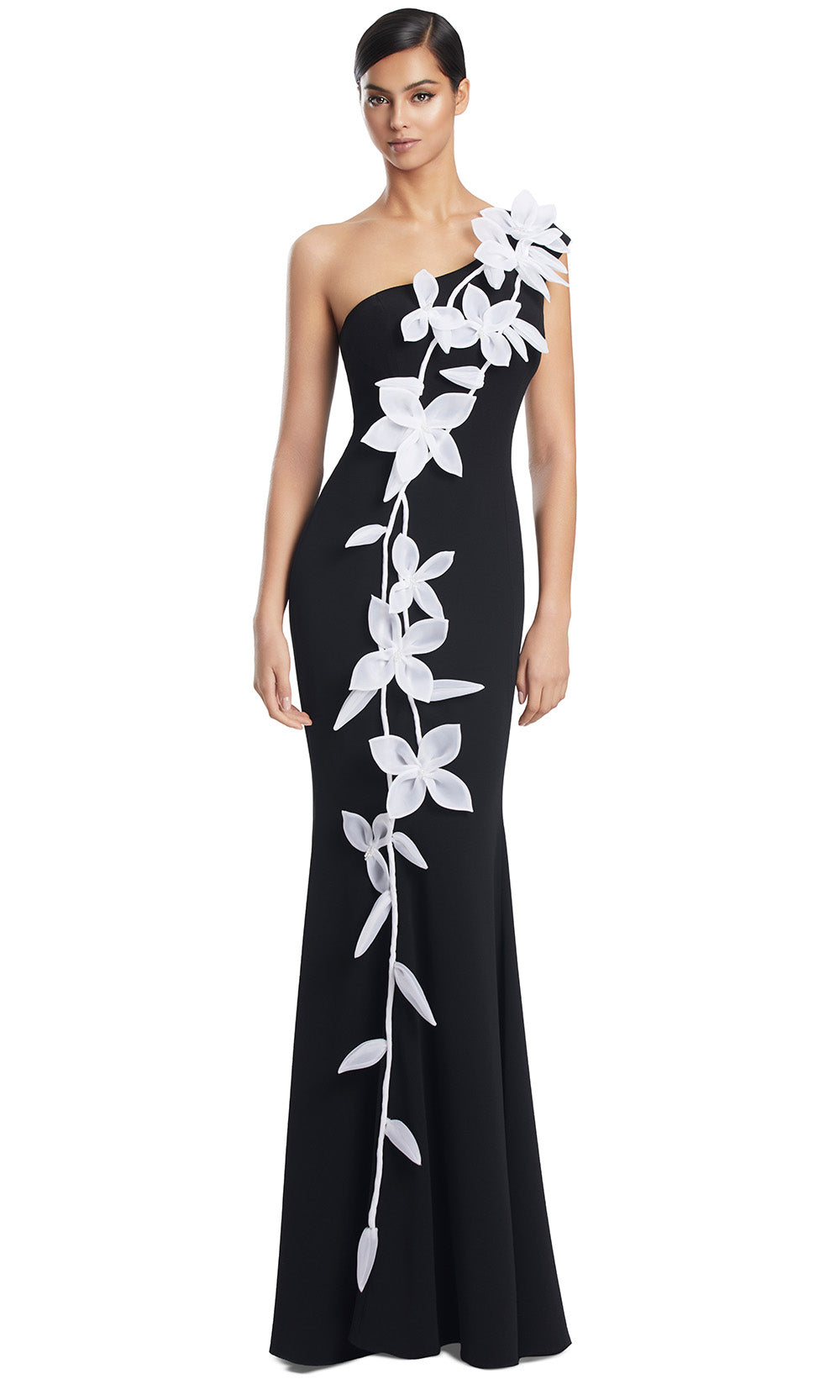 One Shoulder Long Crepe Evening Gown by Alexander by Daymor 3208S26 in Black/White