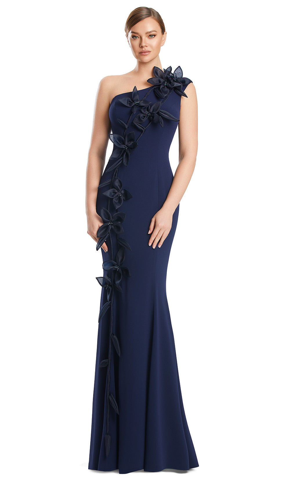 One Shoulder Long Crepe Evening Gown by Alexander by Daymor 3208S26 in Midnite