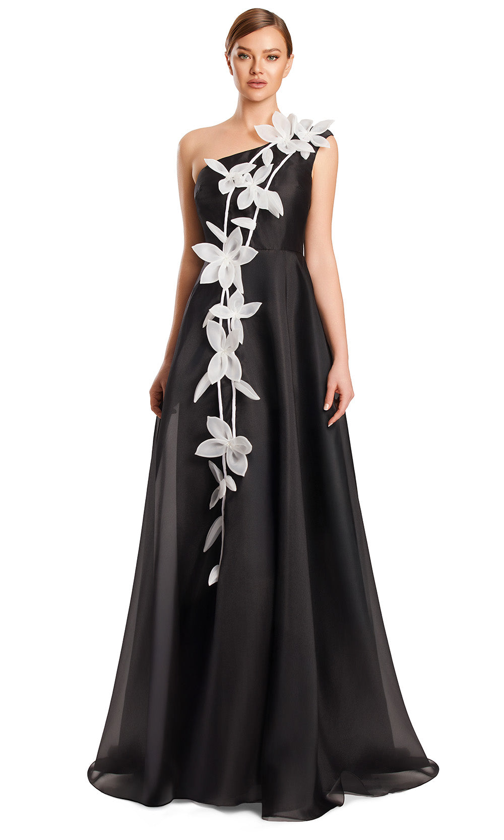One Shoulder Long Satin Formal Gown by Alexander by Daymor 3209S26 in Black/White