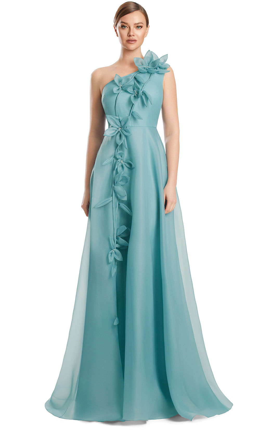 One Shoulder Long Satin Formal Gown by Alexander by Daymor 3209S26 in Seafoam