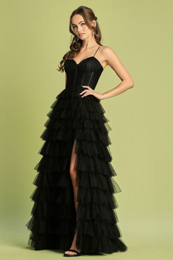 Prom Dresses Long Prom Layered Slit Formal Dress Black