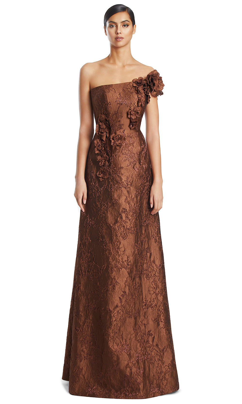 One-Shoulder Long Lace Evening Gown by Alexander by Daymor 3210S26 in Cocoa/Copper