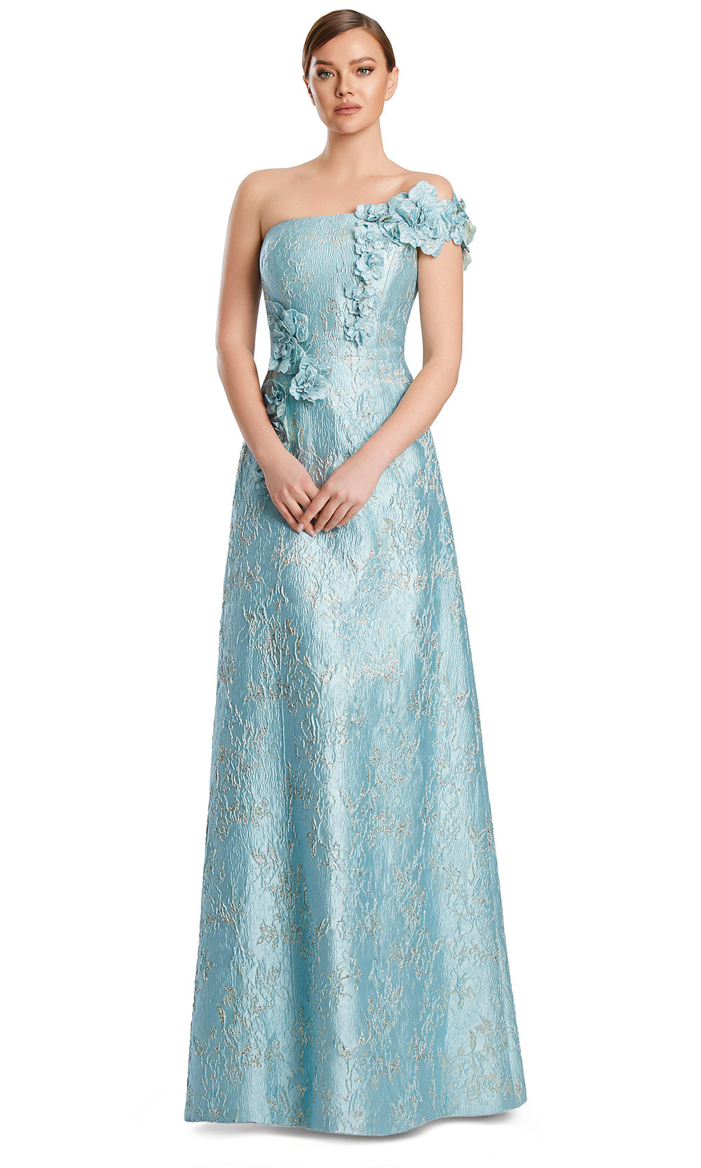 One-Shoulder Long Lace Evening Gown by Alexander by Daymor 3210S26 in Crystal/Gold
