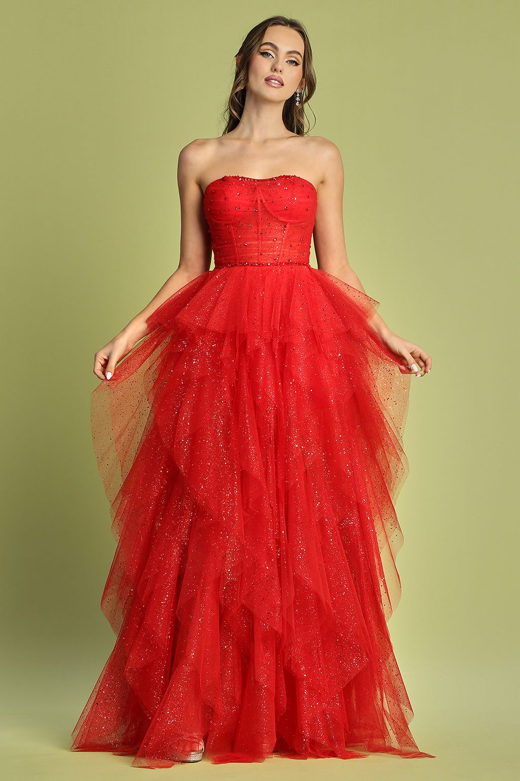 Adora Design 3210 Strapless Glitter Tulle Corset Prom Gown | Formal Dress Shops Red / 2XL