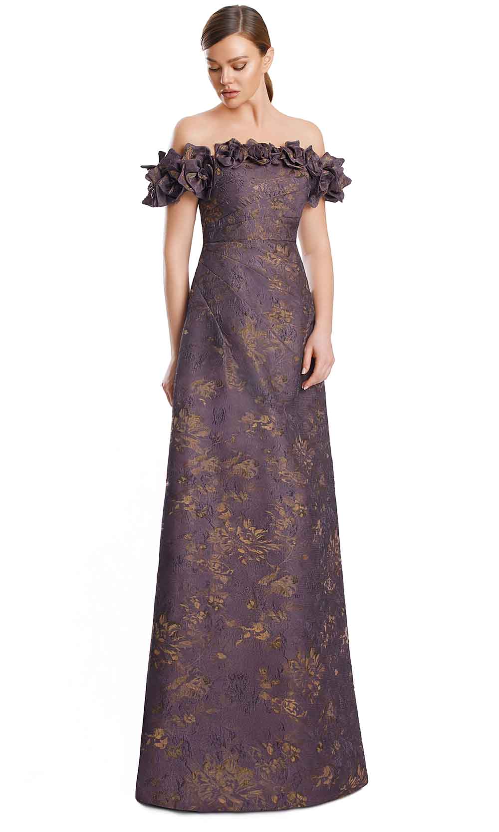 Off-Shoulder Floor-Length Jacquard Evening Gown by Alexander by Daymor 3216S26 in Dusty Plum/Multi