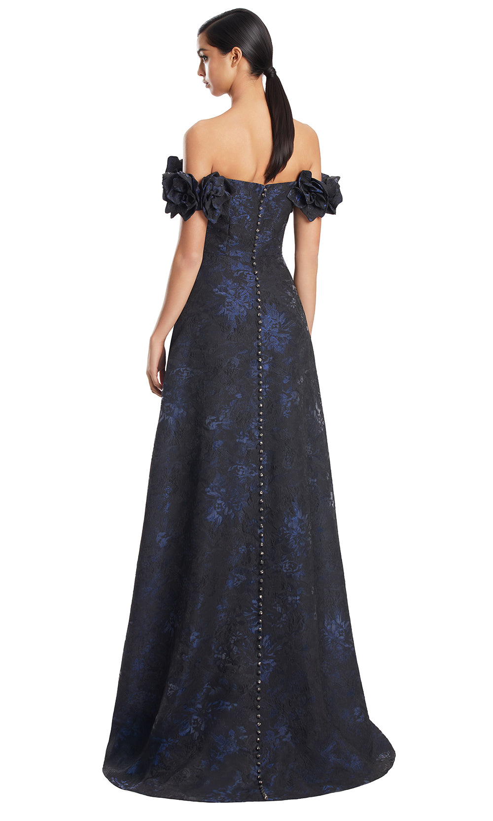 Off-Shoulder Floor-Length Jacquard Evening Gown by Alexander by Daymor 3216S26 in Navy/Multi
