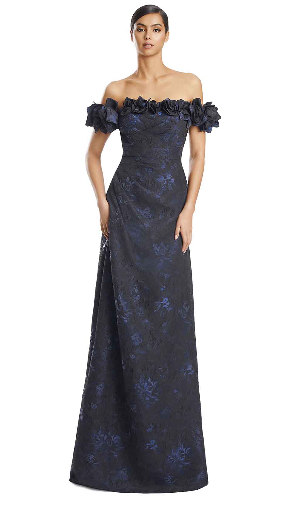 Off-Shoulder Floor-Length Jacquard Evening Gown by Alexander by Daymor 3216S26 in Navy/Multi