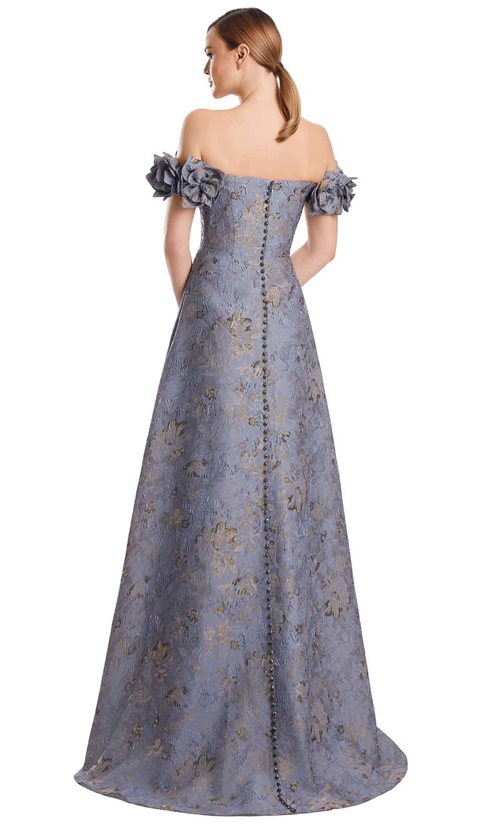 Off-Shoulder Floor-Length Jacquard Evening Gown by Alexander by Daymor 3216S26 in Slate/Multi