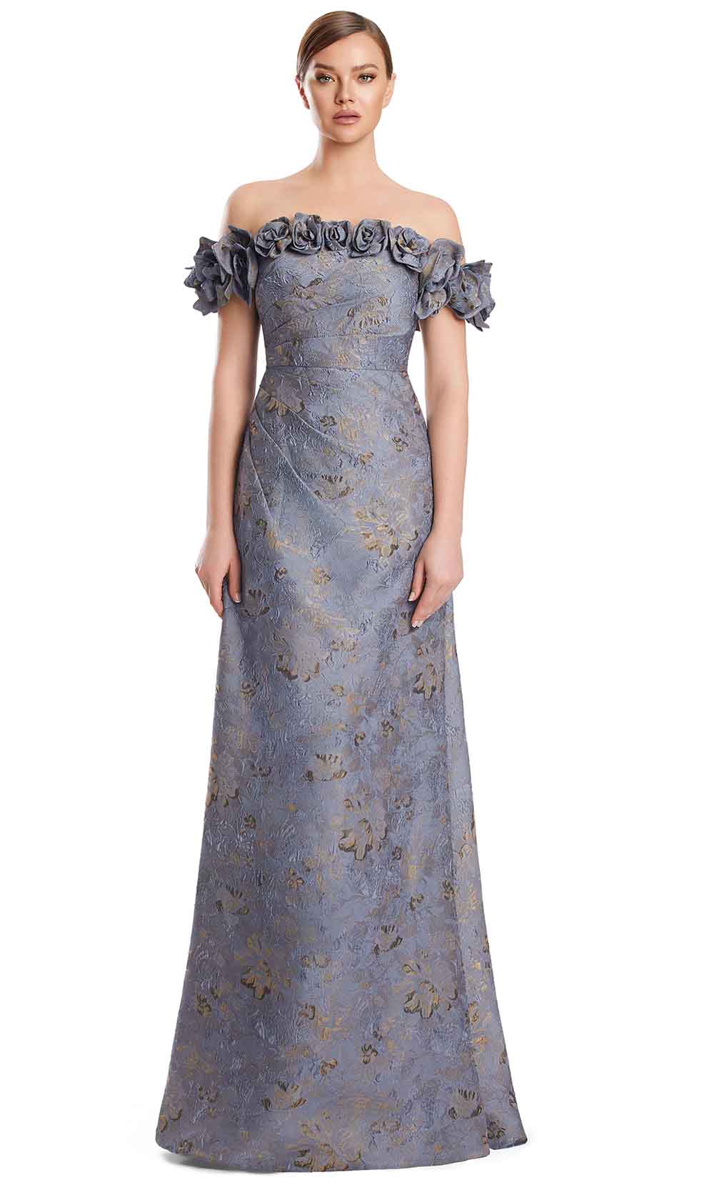 Off-Shoulder Floor-Length Jacquard Evening Gown by Alexander by Daymor 3216S26 in Slate/Multi