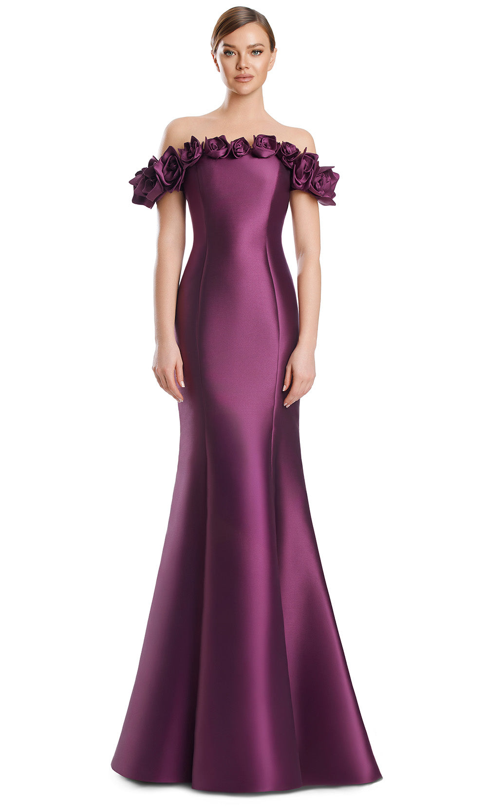 Off-Shoulder Long Floral Gown by Alexander by Daymor 3217S26 in Plum