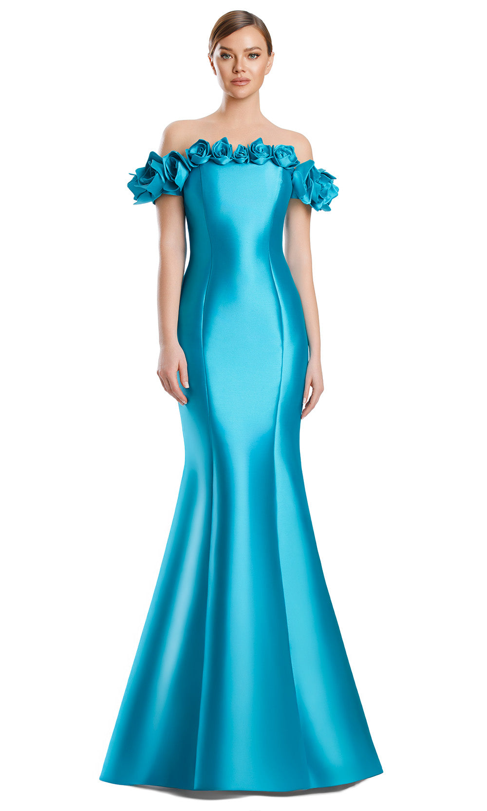 Off-Shoulder Long Floral Gown by Alexander by Daymor 3217S26 in Turquoise