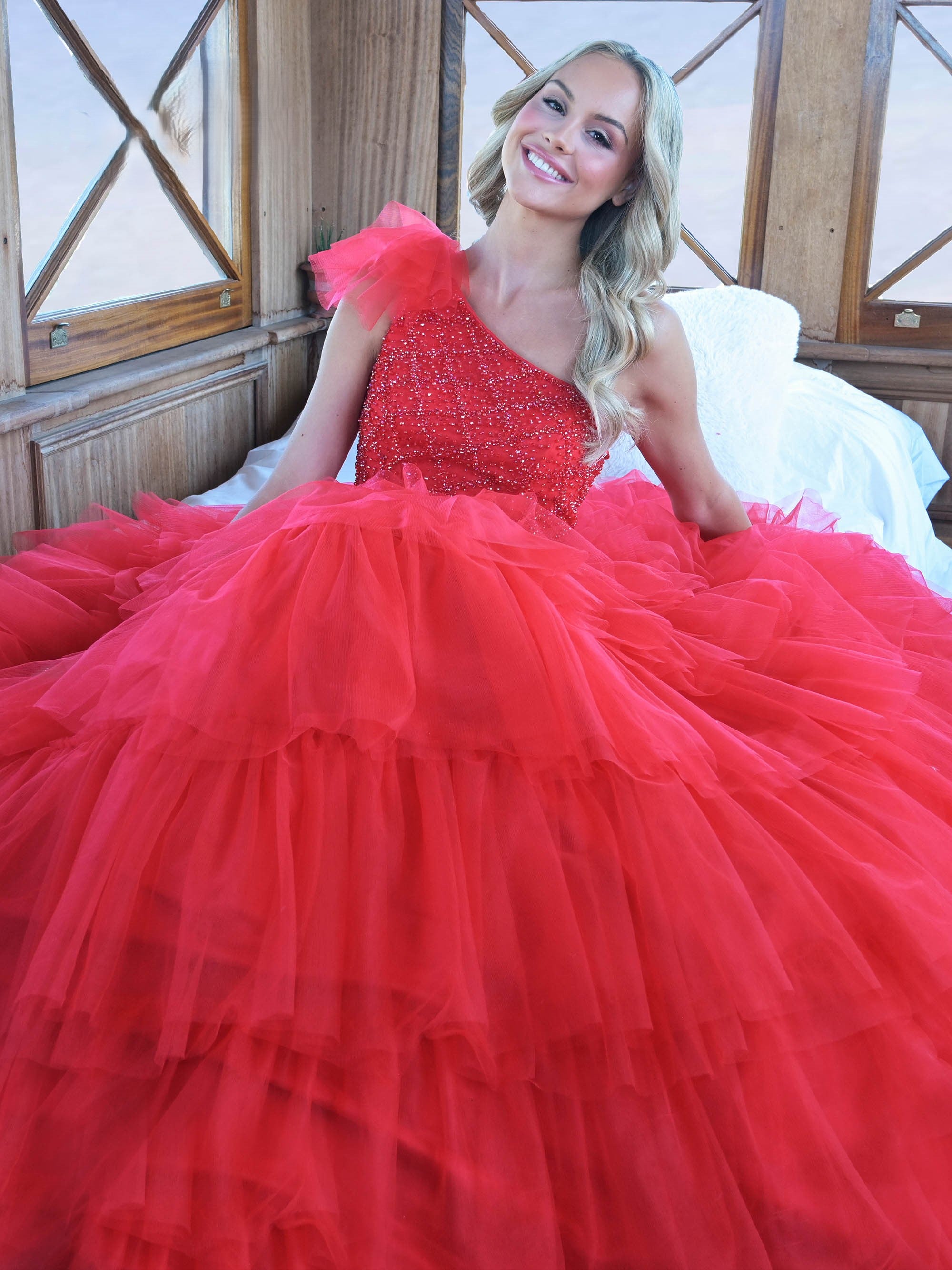 Prom Dresses Prom Long One Shoulder Beaded Mesh Ball Gown Red