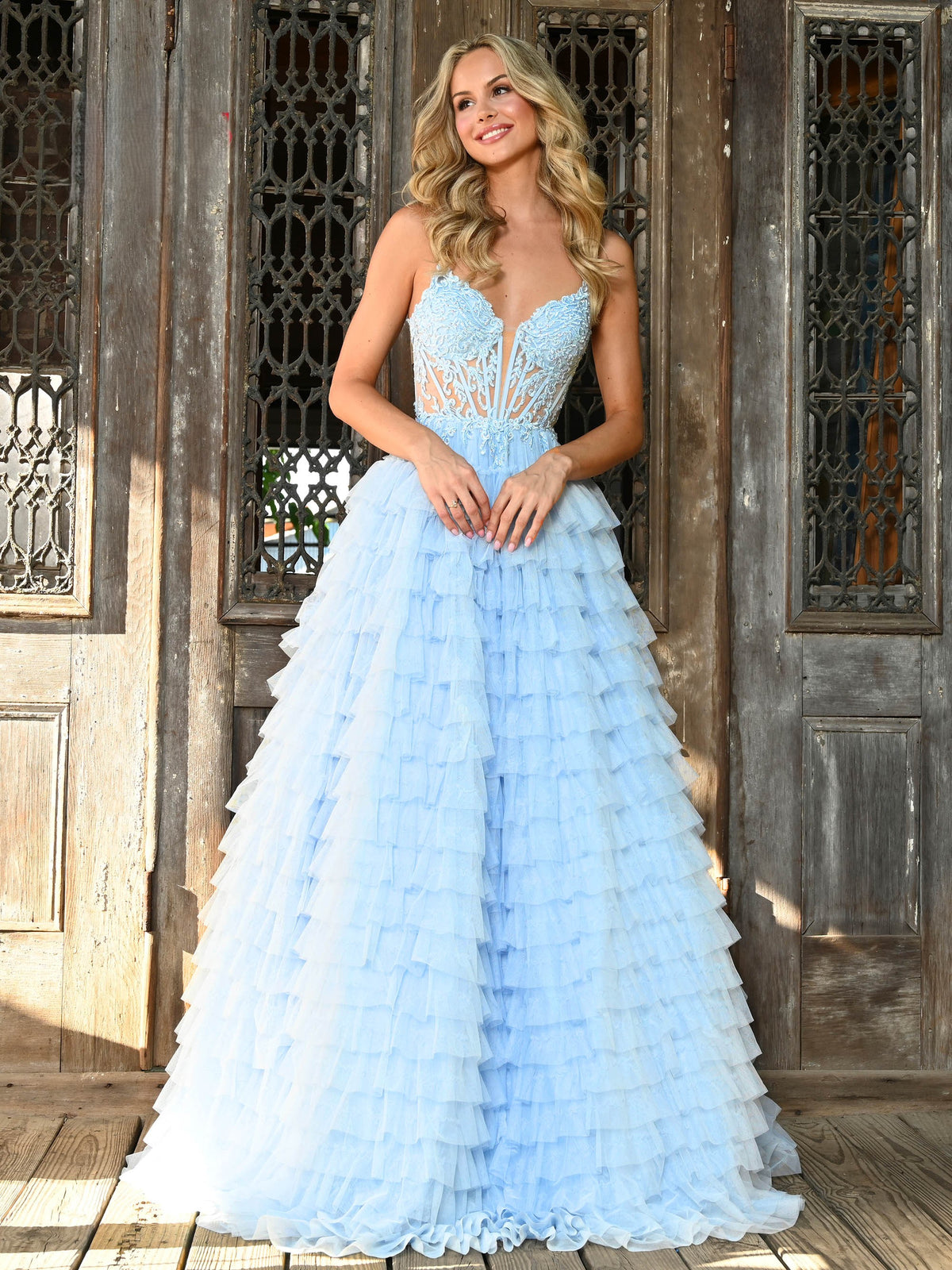 Prom Dresses Prom Long Spaghetti Strap Beaded mesh ball Gown Light Blue