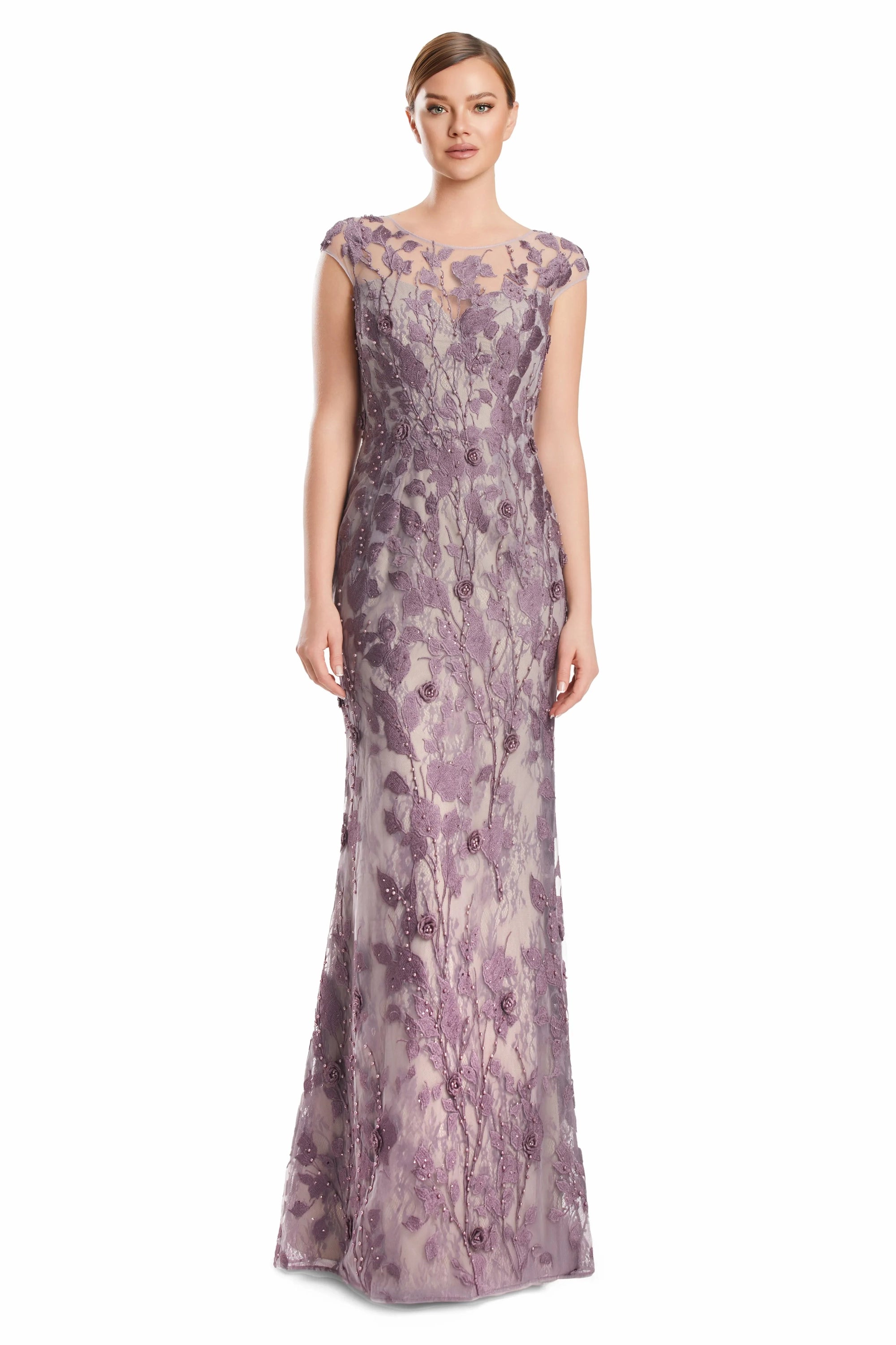 Illusion Cap Sleeve Long Embroidered Gown by Alexander by Daymor 3219S26 in Lilac Smoke