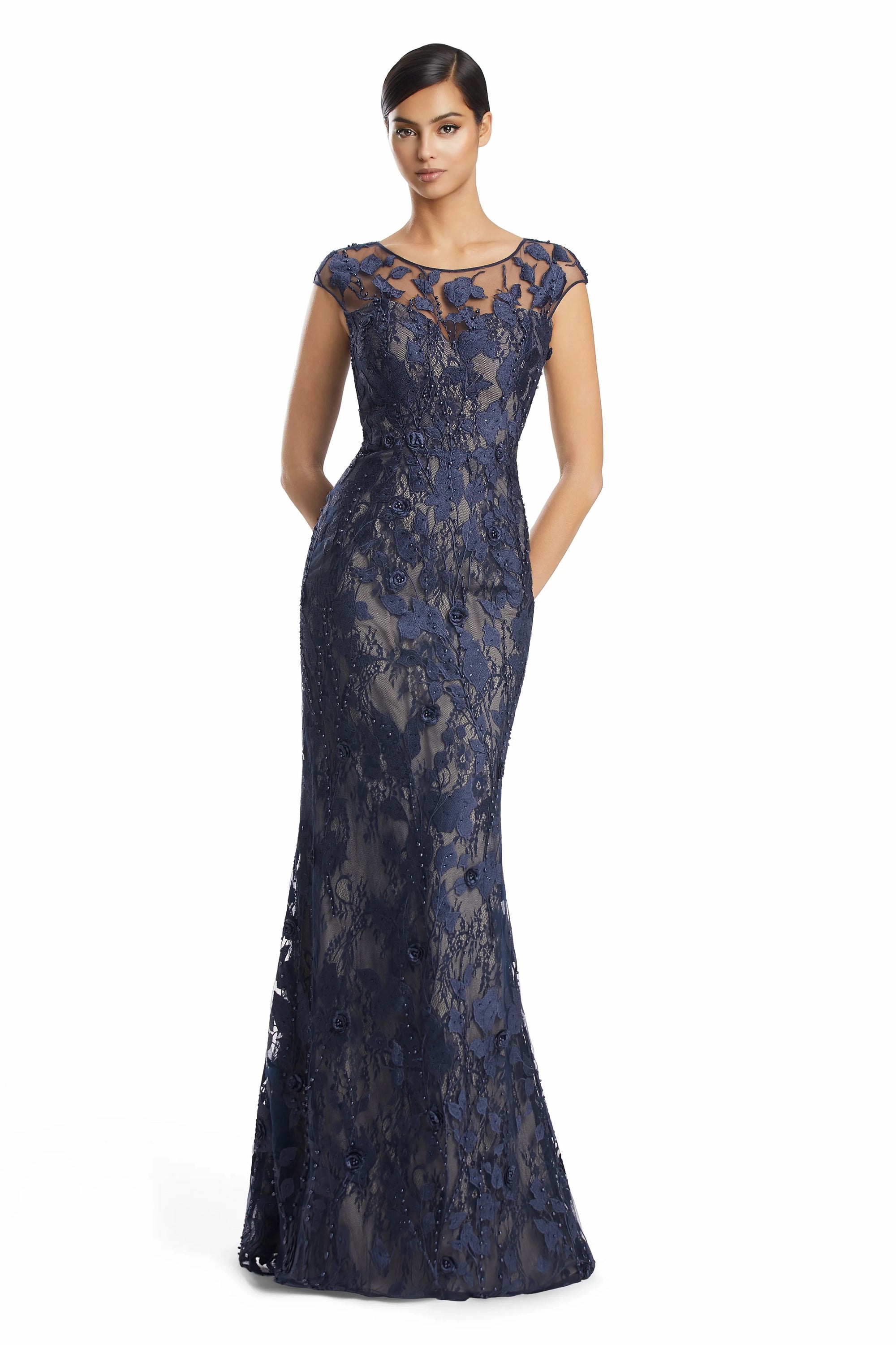 Illusion Cap Sleeve Long Embroidered Gown by Alexander by Daymor 3219S26 in Navy
