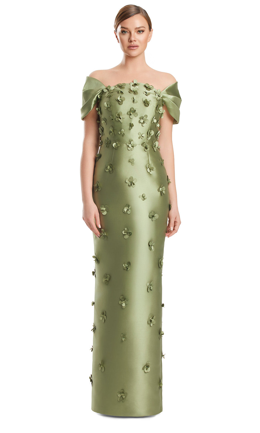 Off-Shoulder Long Satin Evening Gown by Alexander by Daymor 3220S26 in Olive