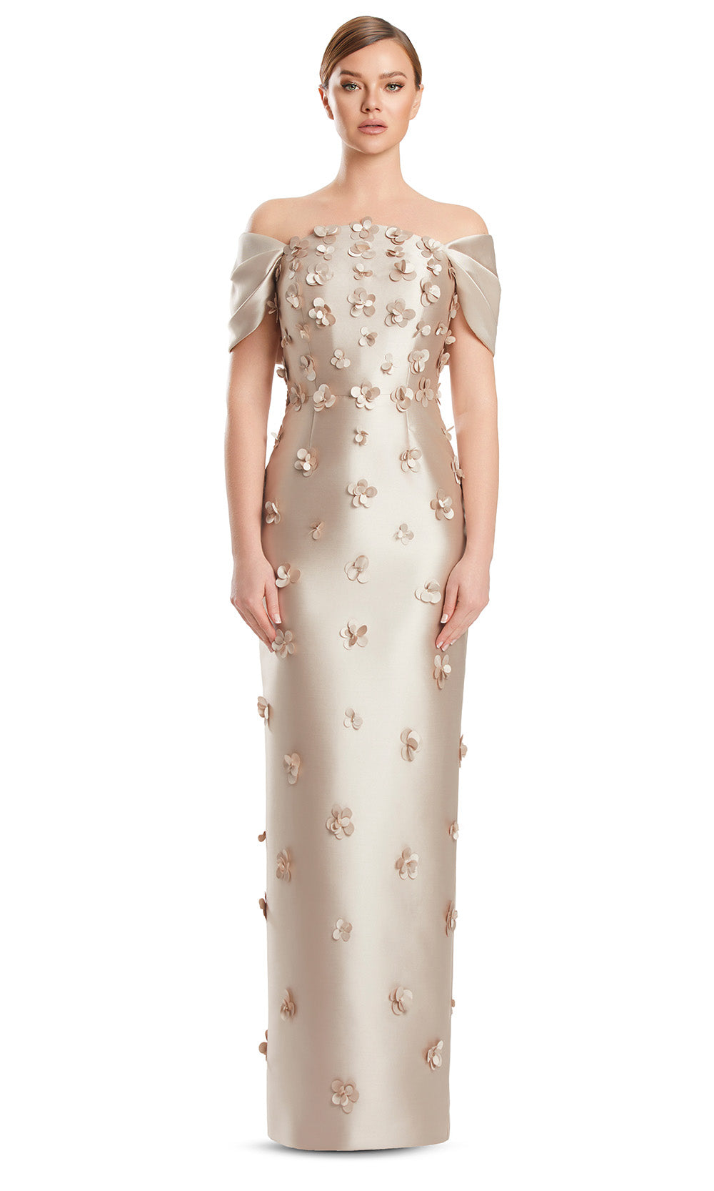 Off-Shoulder Long Satin Evening Gown by Alexander by Daymor 3220S26 in Wheat
