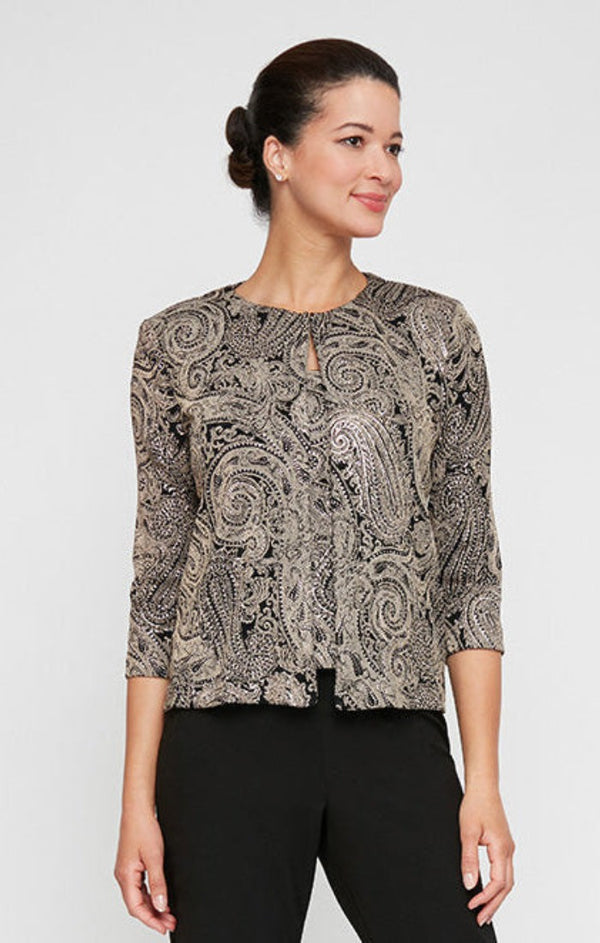 Black/Stone Crew Neck Hip Length knit Formal Top Jacket Alex Evenings 322010