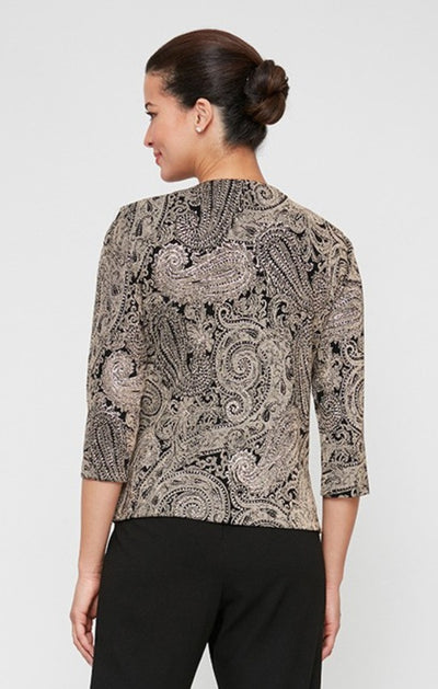 Black/Stone Crew Neck Hip Length knit Formal Top Jacket Alex Evenings 322010