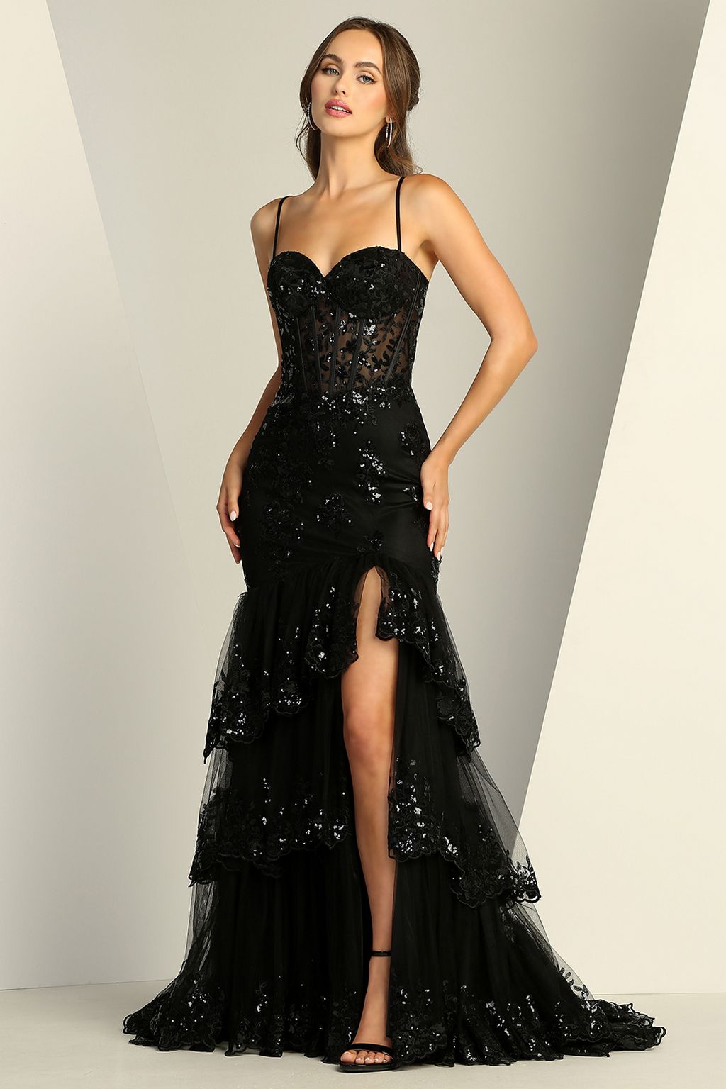 Adora Design 3221 Formal Long Applique Tiered Slit Prom Dress