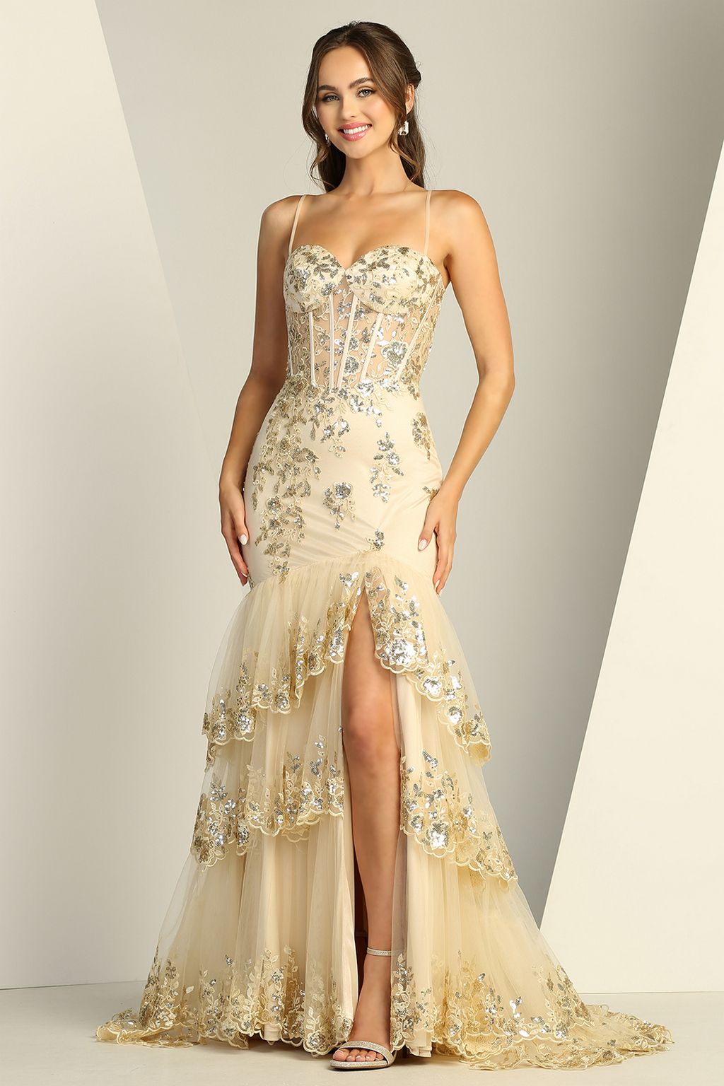 Prom Dresses Formal Long Applique Tiered Slit Prom Dress Champagne