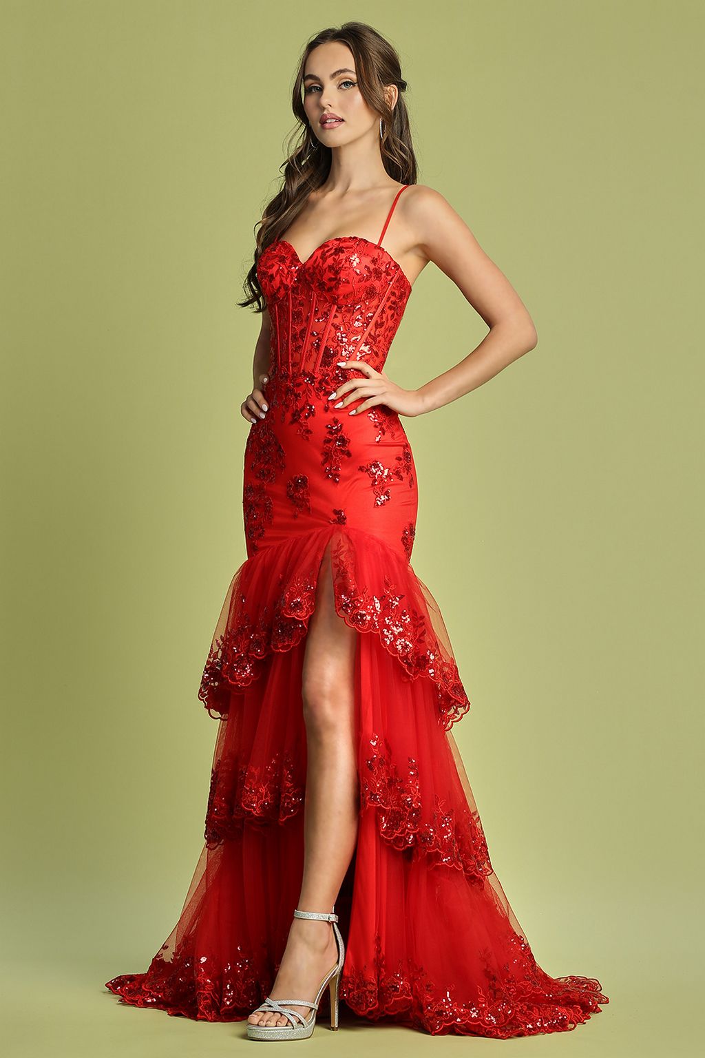 Adora Design 3221 Formal Long Applique Tiered Slit Prom Dress