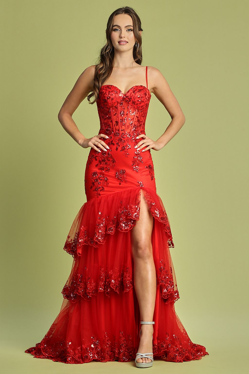Adora Design 3221 Formal Long Applique Tiered Slit Prom Dress