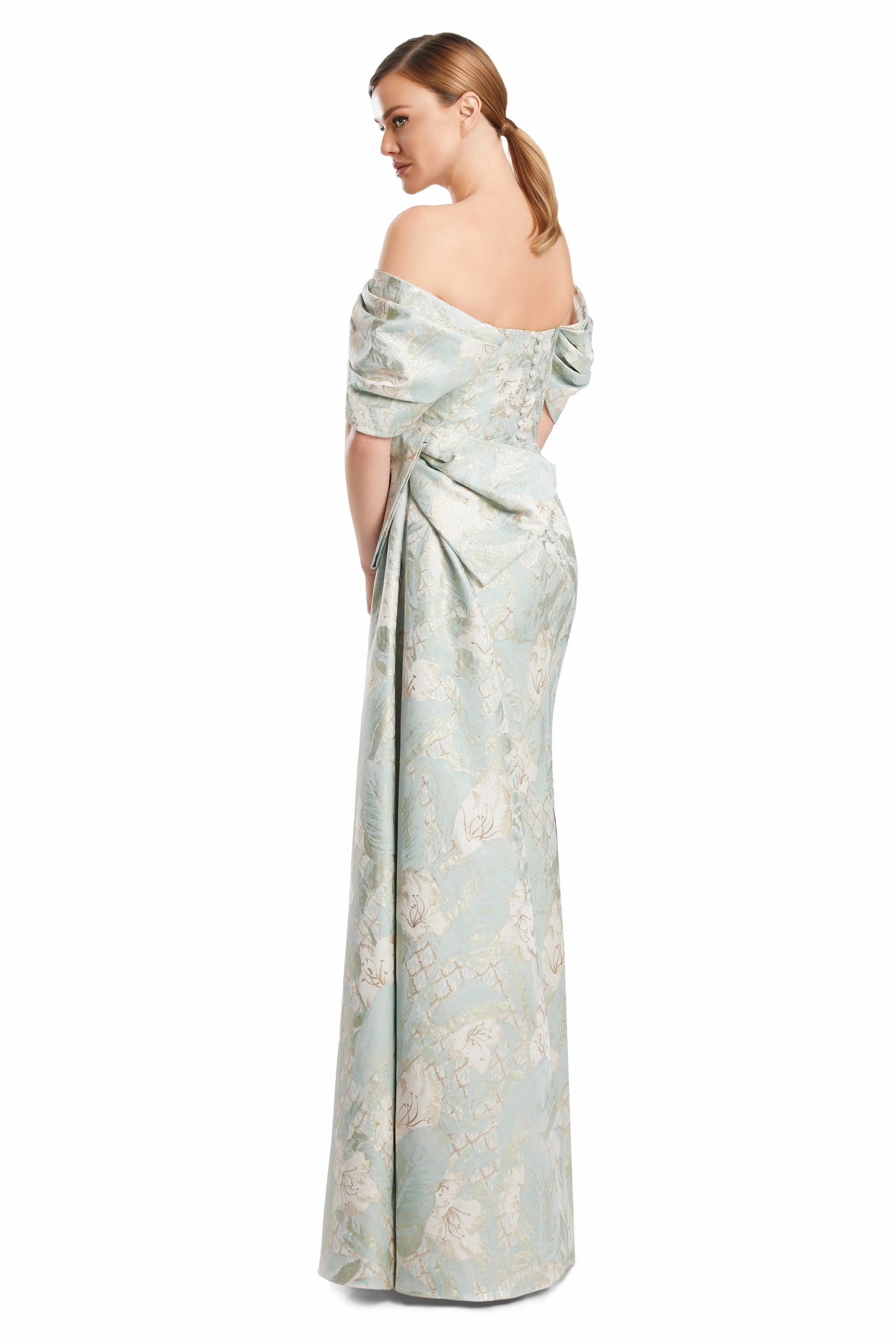 Off-Shoulder Floor-Length Brocade Evening Gown by Alexander by Daymor 3221S26 in Soft Mint/Multi